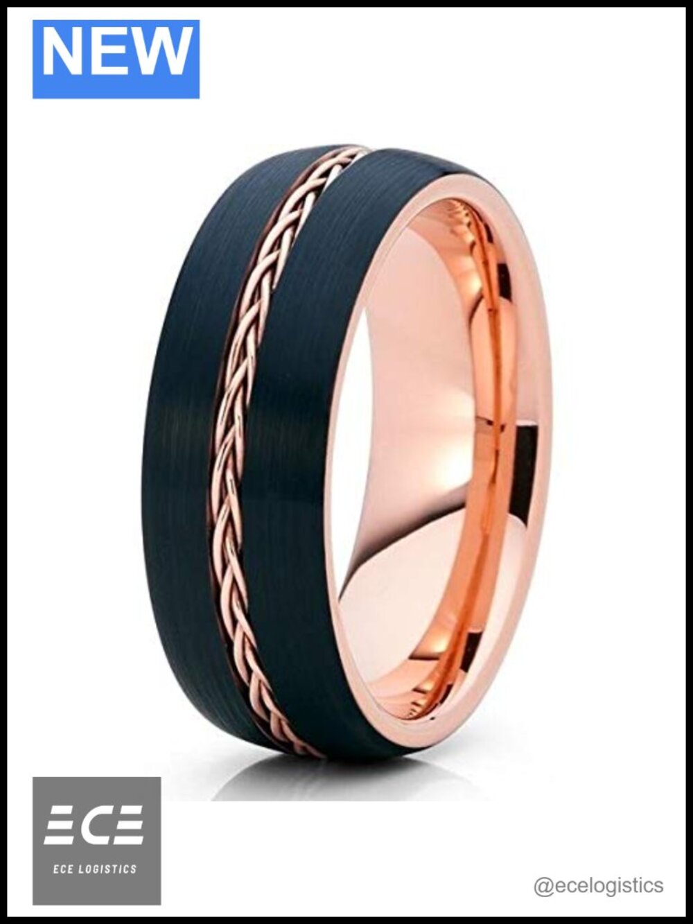 8MM Tungsten Wedding Ring 18K Rose Gold Plated Braid Comfort Fit Band